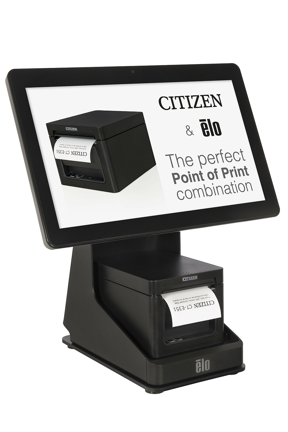 Citizen drukarka POS CT-E351 czarna z podstawką Elo ekran włączony przód wydrukowany paragon