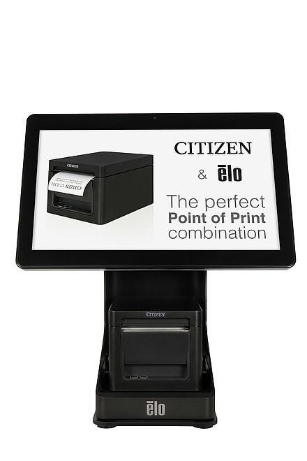 Citizen drukarka POS CT-E351 czarna z podstawką Elo ekran włączony ukośnie przód
