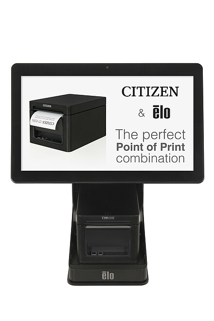 Citizen drukarka POS CT-E351 czarna z podstawką Elo ekran włączony przód