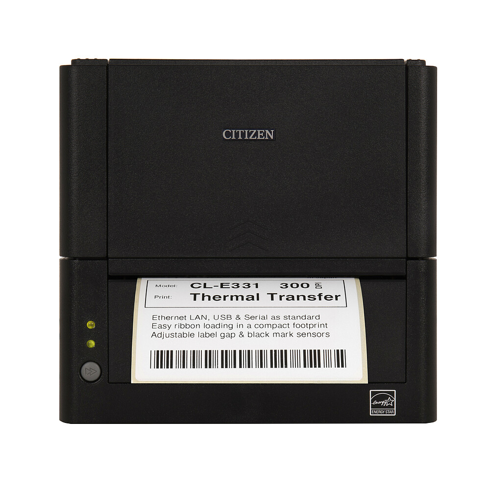 Citizen Etikettendrucker CL-E331 schwarz Frontansicht mit Ausdruck