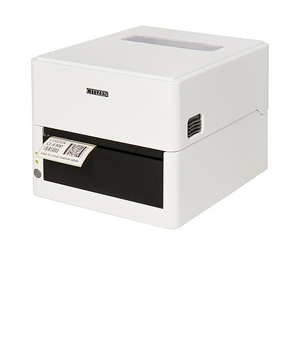 Citizen Etikettendrucker CL-E300 weiß mit gedrucktem Etikett seitlich