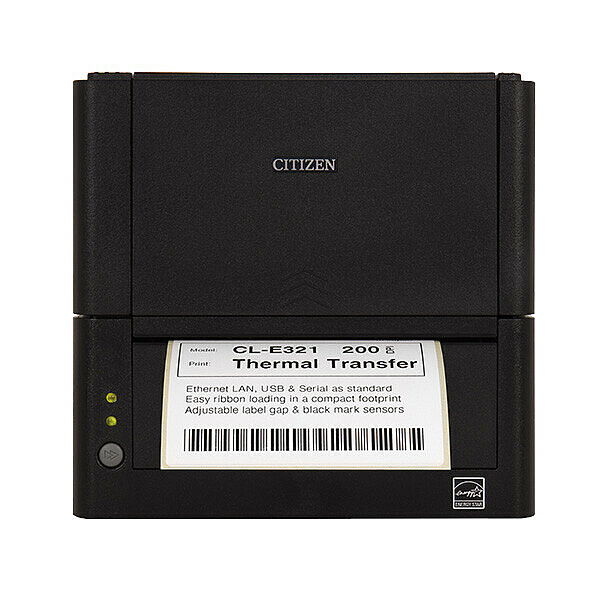 Citizen CL-E321 Etikettendrucker schwarz Frontansicht mit Ausdruck