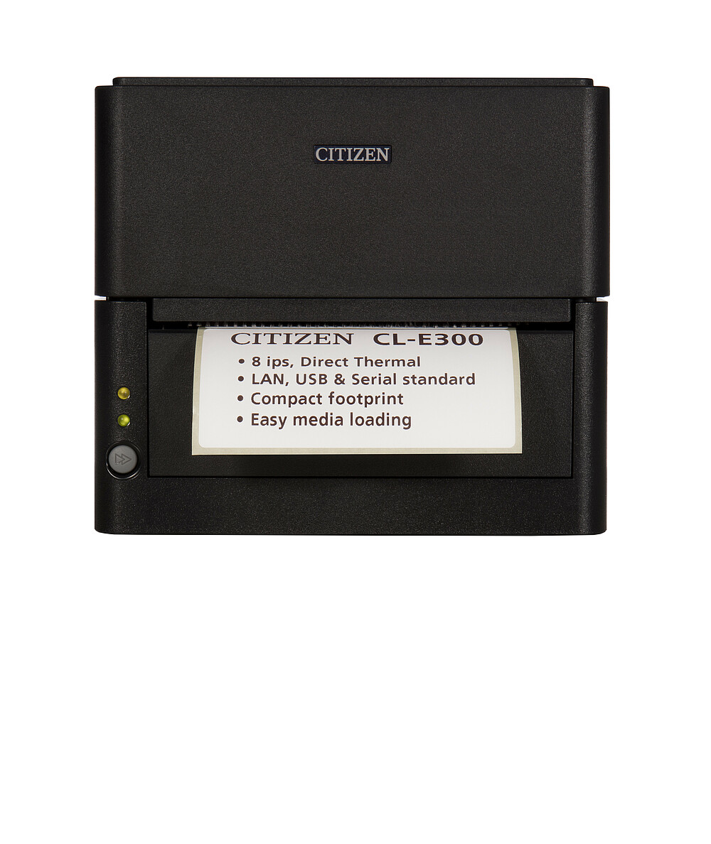 Citizen drukarka etykiet CL-E300 czarna przód z wydrukowaną etykietą