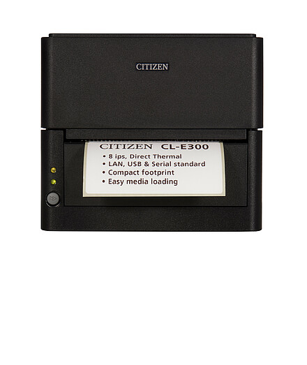 Citizen Etikettendrucker CL-E300 schwarz Frontansicht mit gedrucktem Etikett