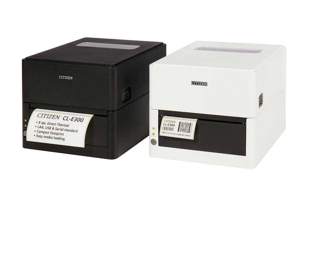 Citizen Etikettendrucker CL-E300 schwarz & weiß mit gedrucktem Etikett seitlich