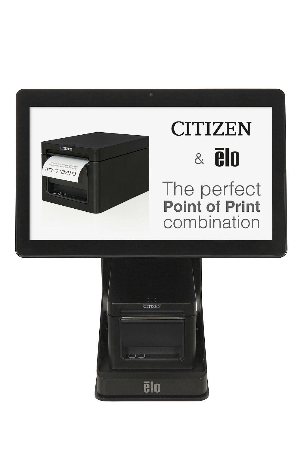 Citizen POS-принтер CT-E351 Черный с подставкой Elo с экраном вид спереди